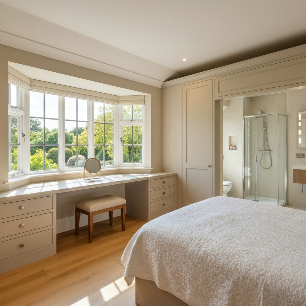 Bright guest bedroom with bay window, custom built-ins, and en-suite bathroom
