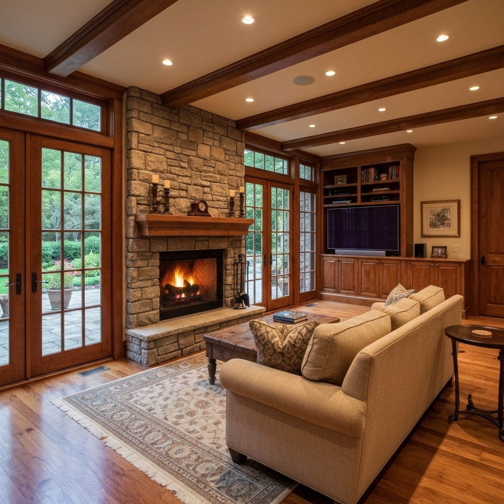Cozy family room with stone fireplace, built-in entertainment center, and French doors