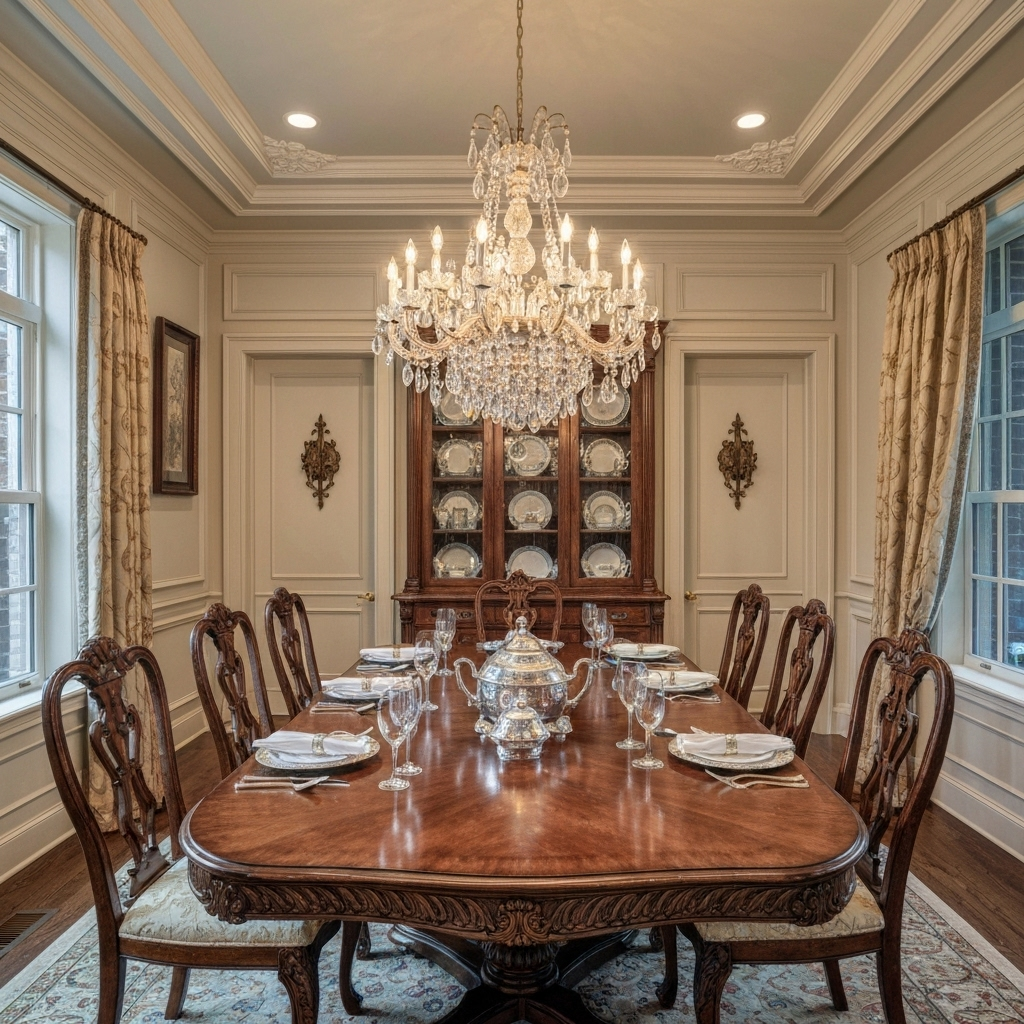 Formal dining room with crown molding, chandelier, and built-in china cabinet