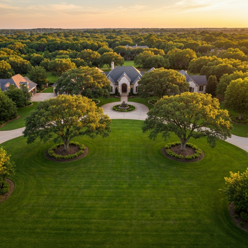 Breathtaking aerial view showcasing the 2-acre estate with mature oak trees and circular driveway