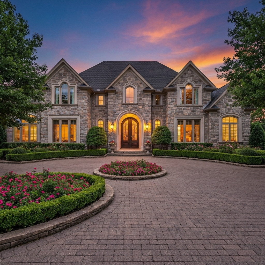 Stunning curb appeal with professional landscaping, stone facade, and circular driveway