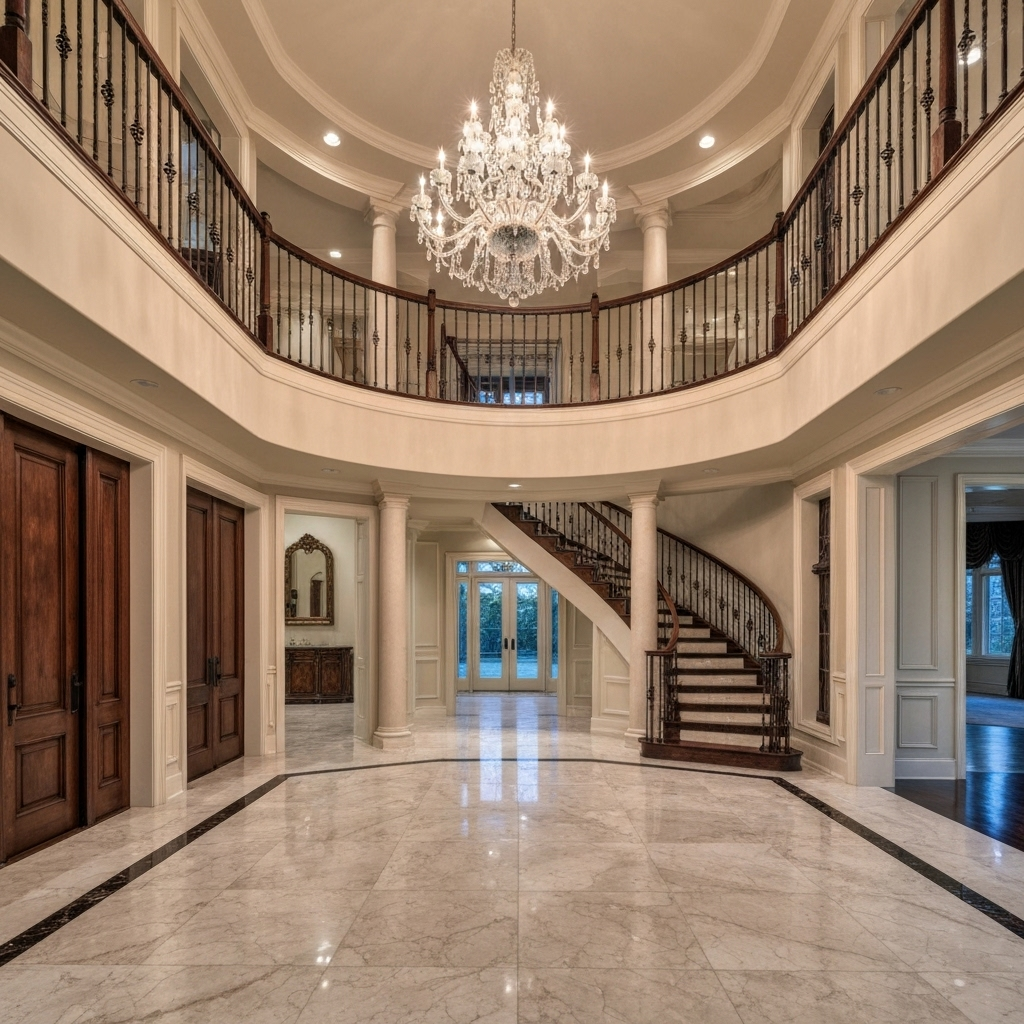 Grand two-story foyer with marble flooring, curved staircase, and crystal chandelier
