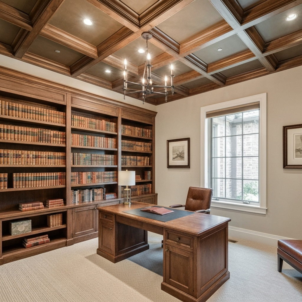 Sophisticated home office with coffered ceiling, built-in desk, and library shelving