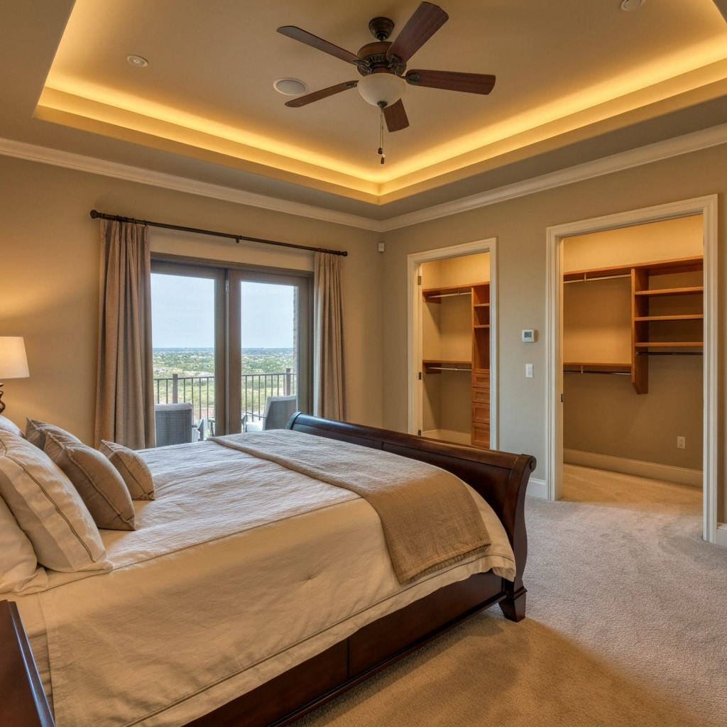 Luxurious master bedroom with tray ceiling, walk-in closet, and private balcony access