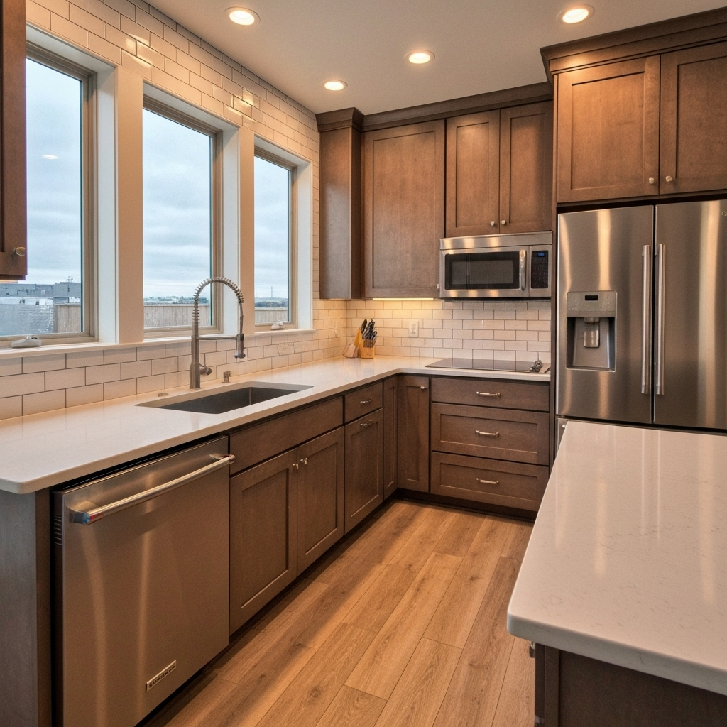 Gourmet kitchen with quartz countertops, subway tile backsplash, and stainless steel appliances