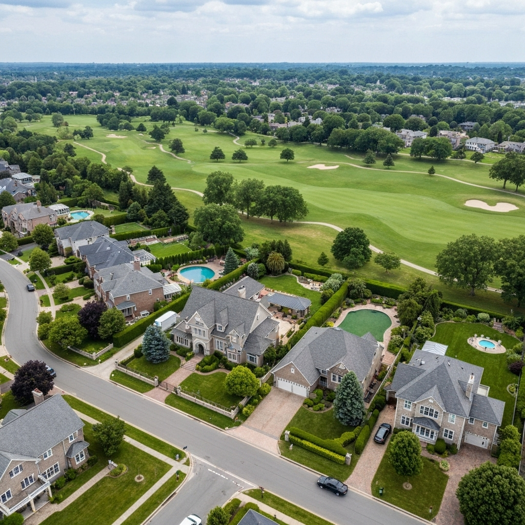 Elevated perspective showing proximity to golf course, parks, and prestigious neighborhood amenities