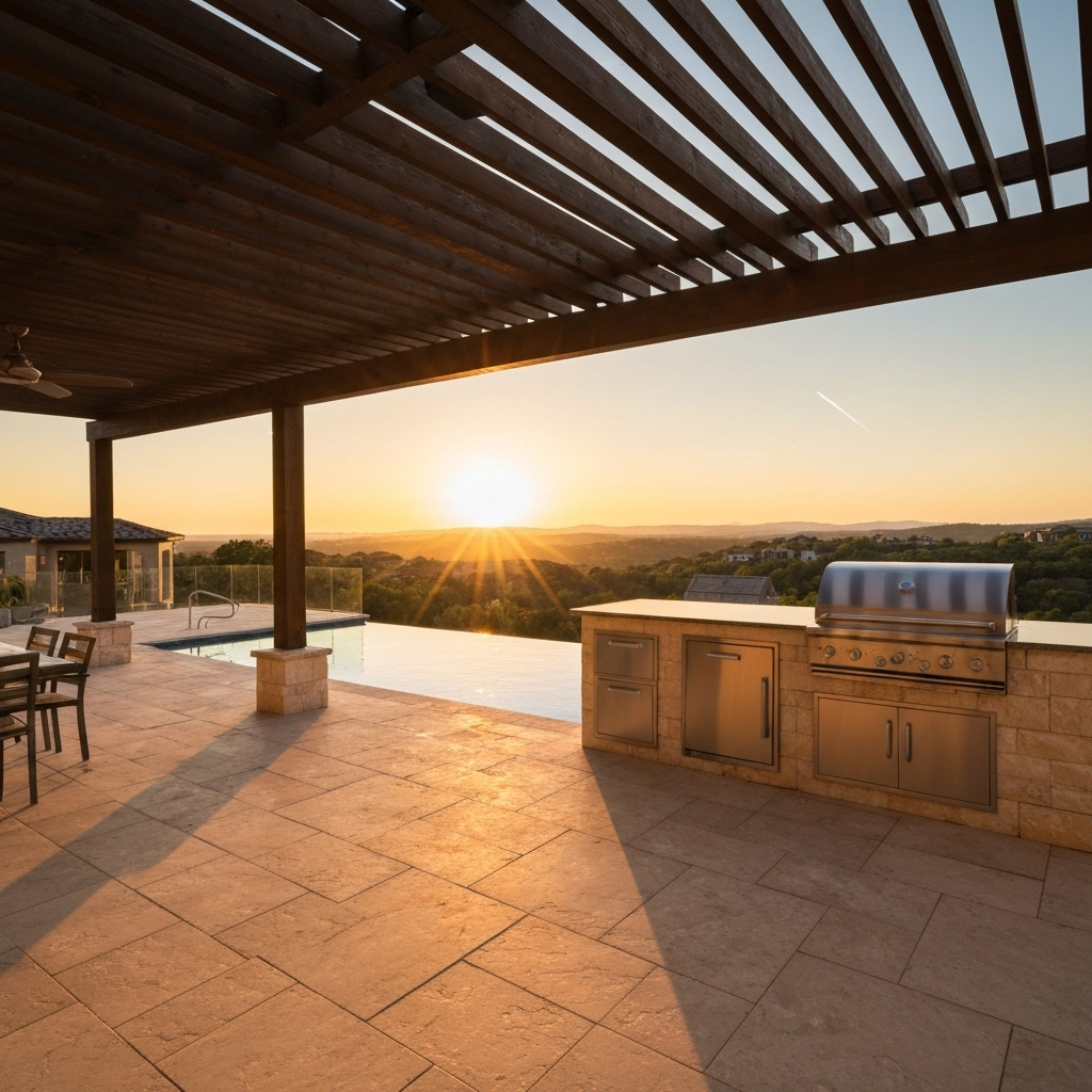 Expansive outdoor patio with pergola, outdoor kitchen, and infinity pool views