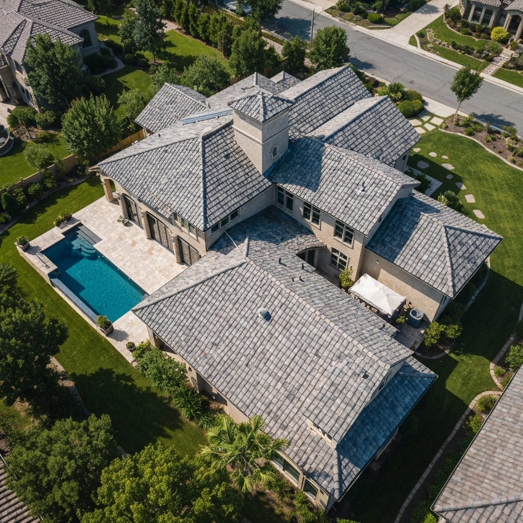 Architectural drone shot highlighting the home's distinctive roofline and outdoor living spaces