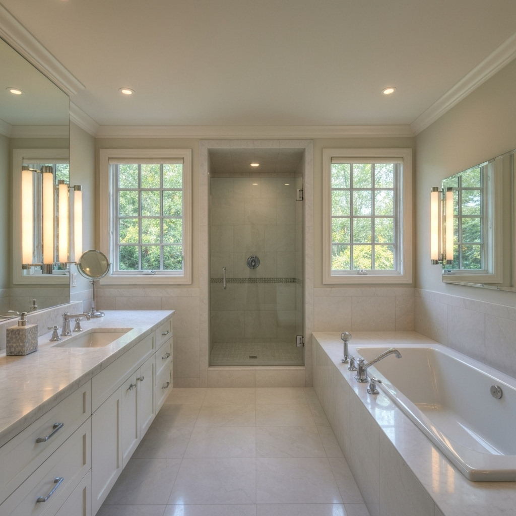 Spa-like master bathroom with soaking tub, separate shower, and double vanity