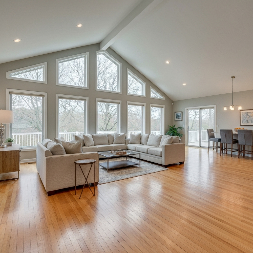 Open-concept living room with vaulted ceilings, hardwood floors, and floor-to-ceiling windows